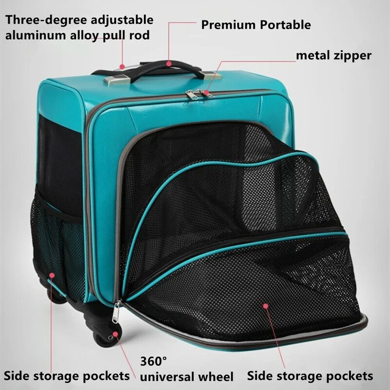 Maleta de viaje con ruedas para mascotas, bolso de viaje de PU de 18 pulgadas, silencioso, transpirable, con ventilación, para cochecito de Mascota