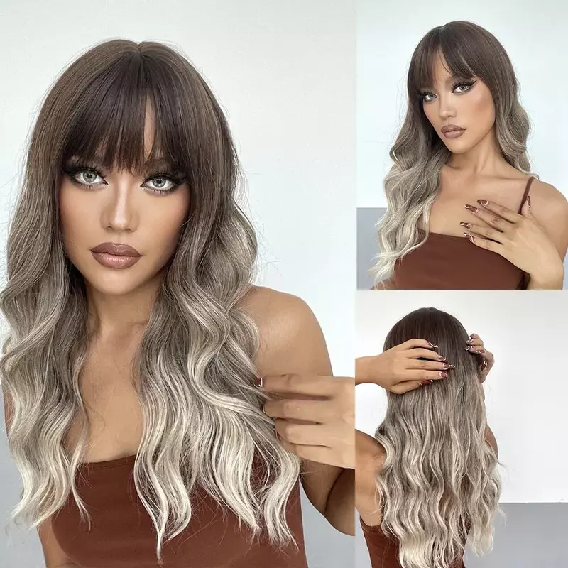 Blonde Wavy With Brown Roots Synthetic Hair Wigs for Women Natural Hair with Bangs Daily Cosplay Heat Resistant