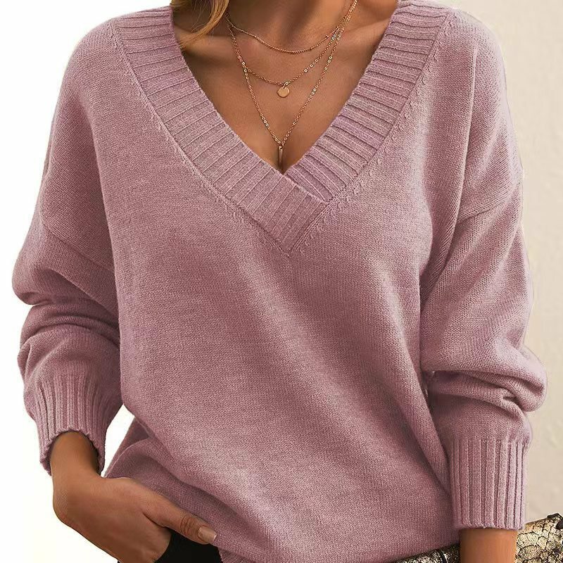 Sweater atasan leher V wanita, Sweater longgar rajutan lengan panjang warna polos musim gugur dan dingin