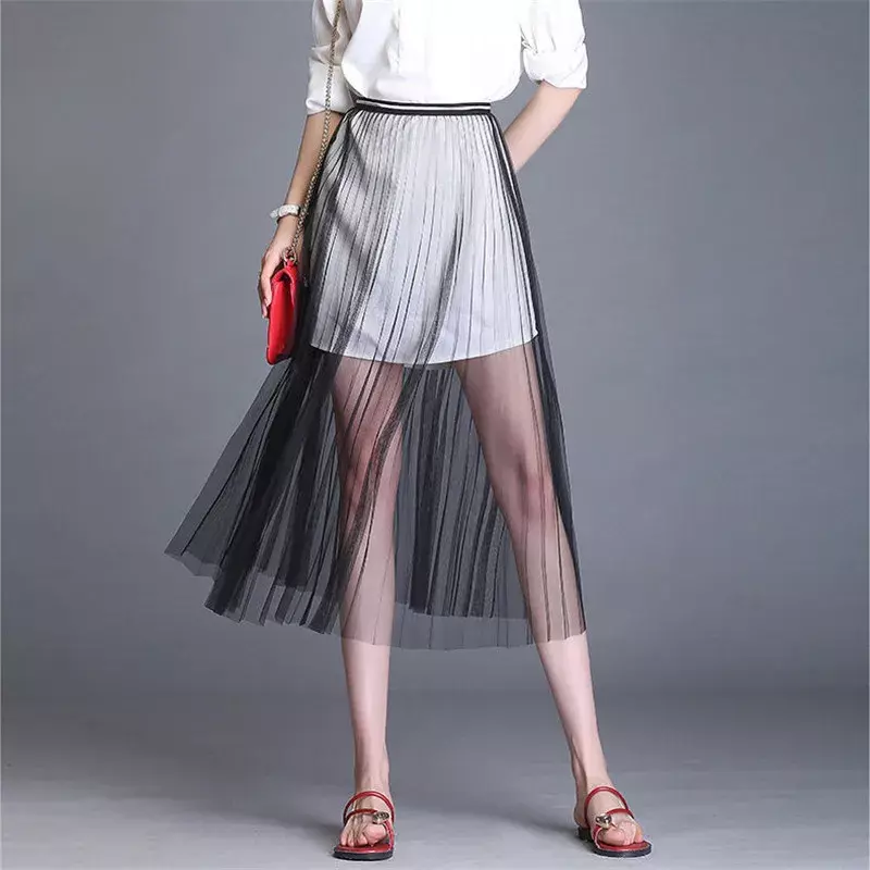 여성용 섹시한 메쉬 레이스 투명 롱 얇은 명주 그물 스커트, 신축성 있는 하이 웨이스트, 블랙 화이트 비치 미디 스커트, 한국 패션, 여름