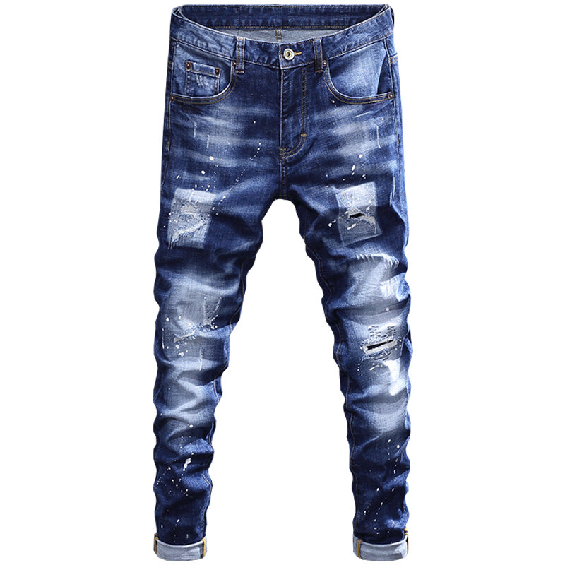 Streetwear ผู้ชายแฟชั่นกางเกงยีนส์ Retro Blue Elastic Slim Fit กางเกงยีนส์แต่งลายขาดๆผู้ชายนักออกแบบ Hip Hop Denim กางเกงรัดรูป Hombre