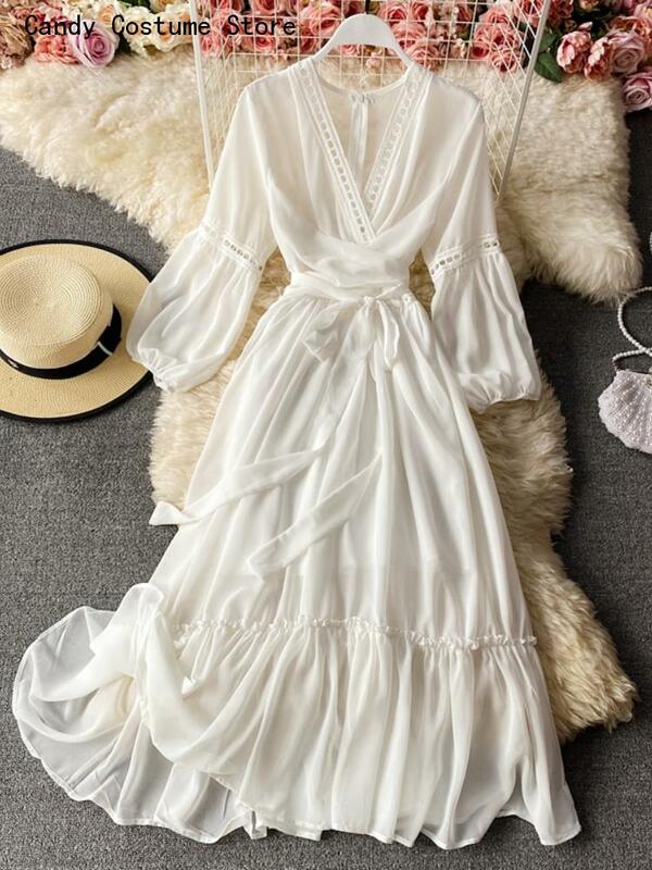 Gaun putih kasual wanita, Gaun gaya liburan pantai musim semi musim panas renda leher V elegan wanita