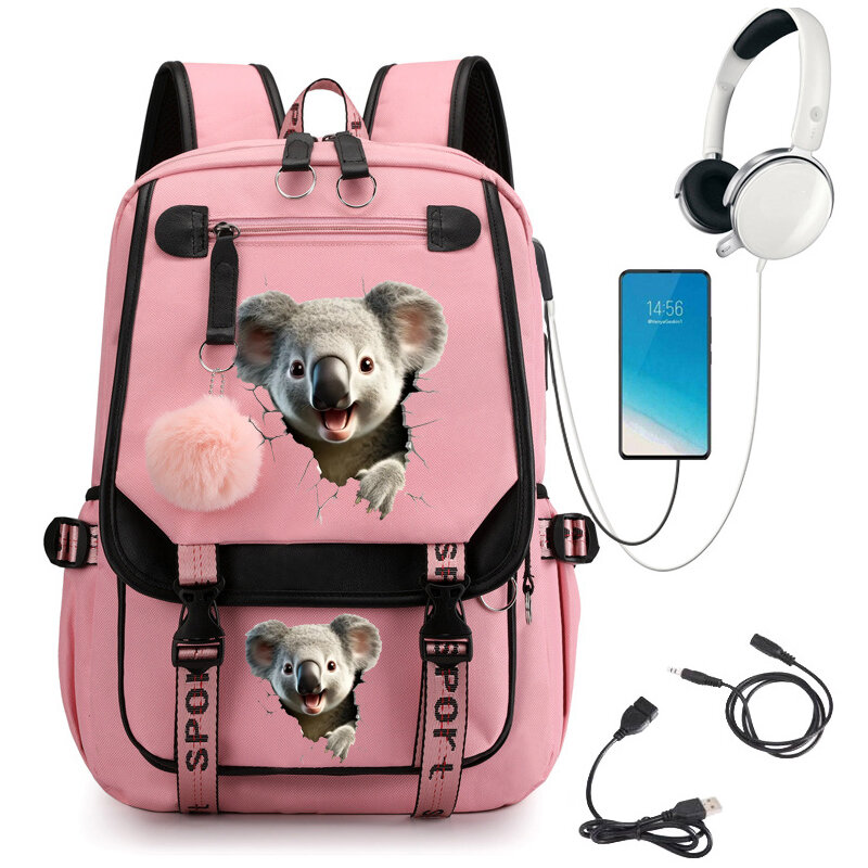 Sac à dos d'école imprimé Koala pour étudiants et adolescents, sac à dos de dessin animé mignon, sac à livres USB, sac à dos pour ordinateur portable Anime, sacs à dos pour adolescents