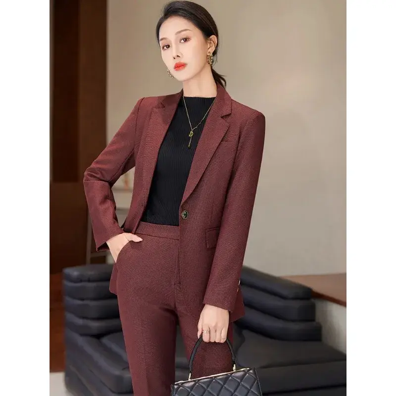 Traje de pantalón y chaqueta Formal para mujer, conjunto de 2 piezas de Blazer, color rojo, café y negro, para oficina y trabajo