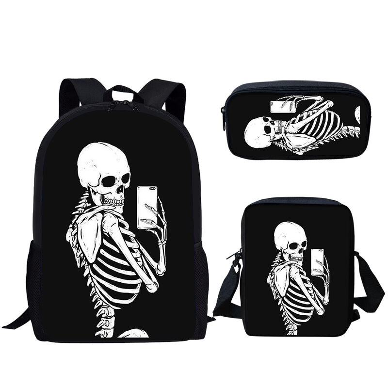 Gothic Skull Print School Bag Set para Meninos e Meninas Adolescentes, Mochila de Livro, Armazenamento do Campus Estudantil, Lunch Bag, Pencil Bag, 3Pcs