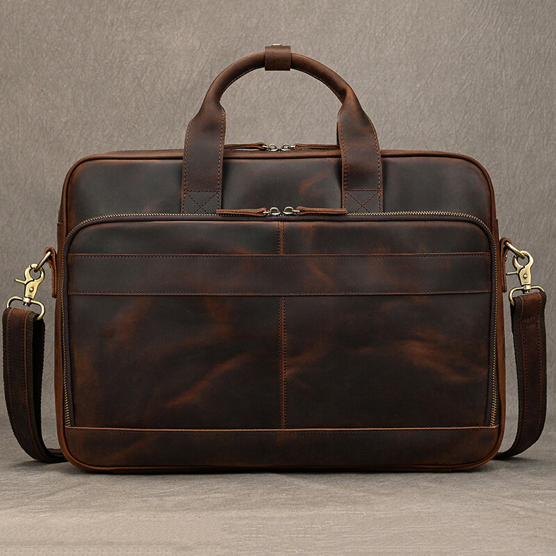 Crazy Horse Genuine Leather Men Briefcase Vintage 16 inch Big Business Laptop Handbag Large Cowhide Messenger Shoulder Bag Man