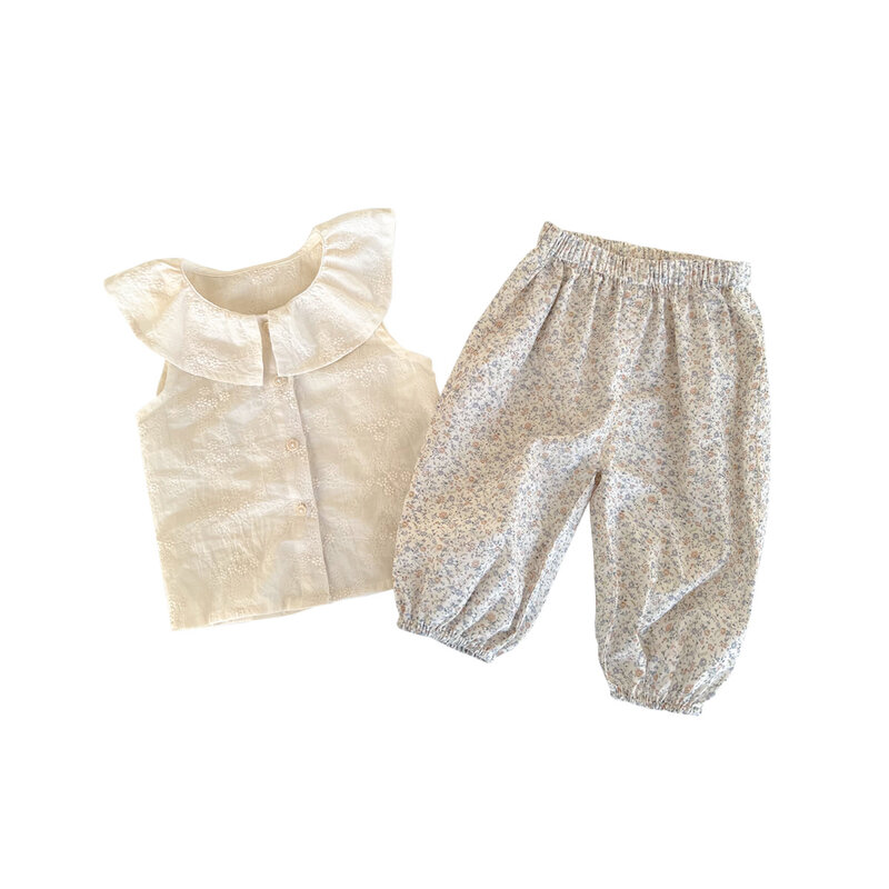 Conjunto de ropa de 2 piezas para niña bebé, Top Floral con cuello de encaje de una sola botonadura, pantalones holgados para correr, trajes para niña