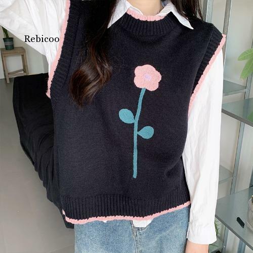 Jacquard Knitted Vest Women Japanese Lazy Round Neck Sleeveless Pullover 2022 Autumn Contarst Color Overlap Sweater Ins