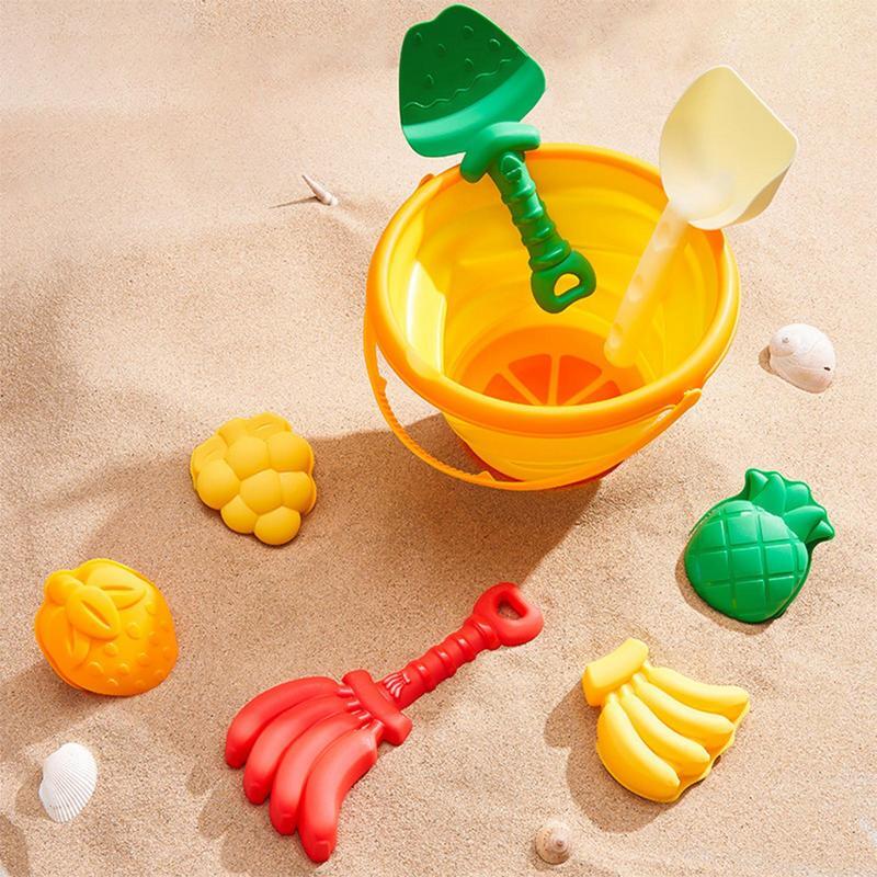 Jouets de plage d'extérieur pour enfants, pelle amusante, moule à fruits, ensemble de rangement pliable, outil de creusement de sable, jouets de sable E27, 8 pièces