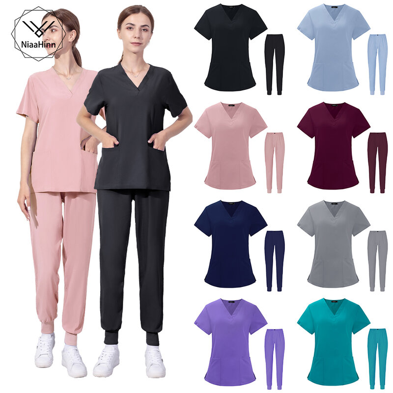 스크럽 의료 유니폼 여성 임상 유니폼, 얇은 소프트 솔리드 컬러 간호사 의사 치과 간호 투피스 슈트 도매