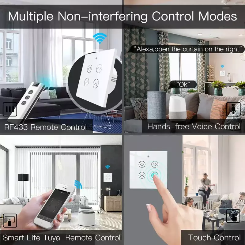 Moes-Tuya Smart Life App Interruptor Cortina Dupla, Wi-Fi, RF, 2 Gang, Obturador de Rolo, Motor Elétrico, Google Home, Alexa