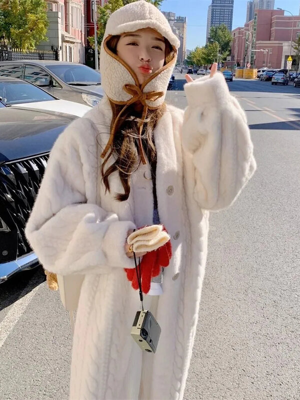 Jaket Padding katun bulu imitasi hangat panjang lembut mantel Wanita Mode musim dingin mewah gaya Korea