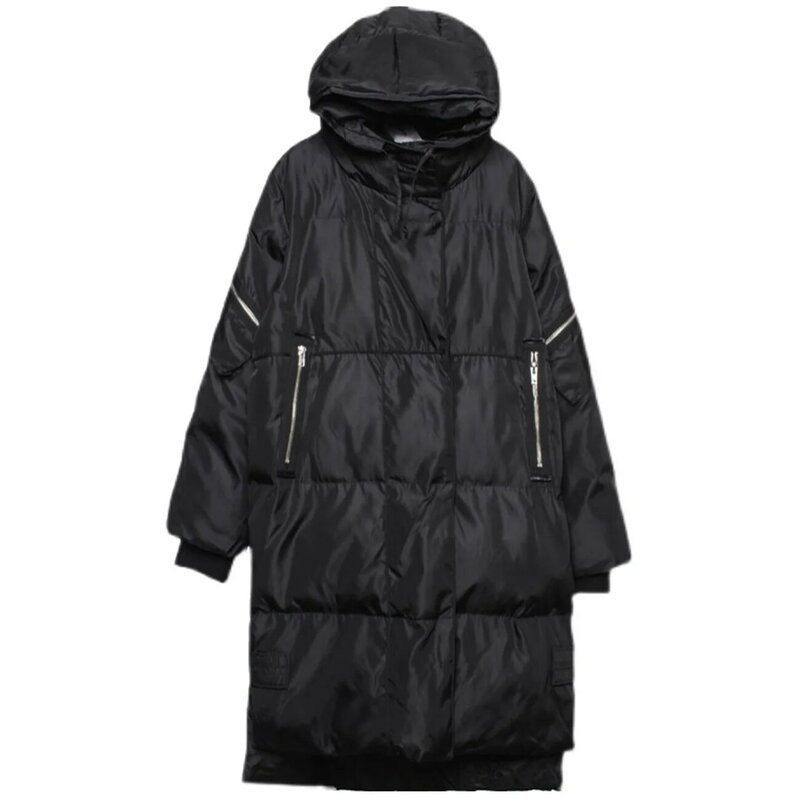 Mantel Musim Dingin Tebal Pria Techwear Ritsleting Palsu Bertudung Empuk Jaket Parka Panjang Streetwear Hitam Mantel Pakaian Luar