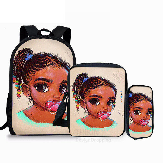 Sacos escolares impressos em 3D para meninas, mochila mochila, bolsa de ombro inclinado, estojo para lápis, magia negra, Afro Lady, clássico, 3 peças por conjunto
