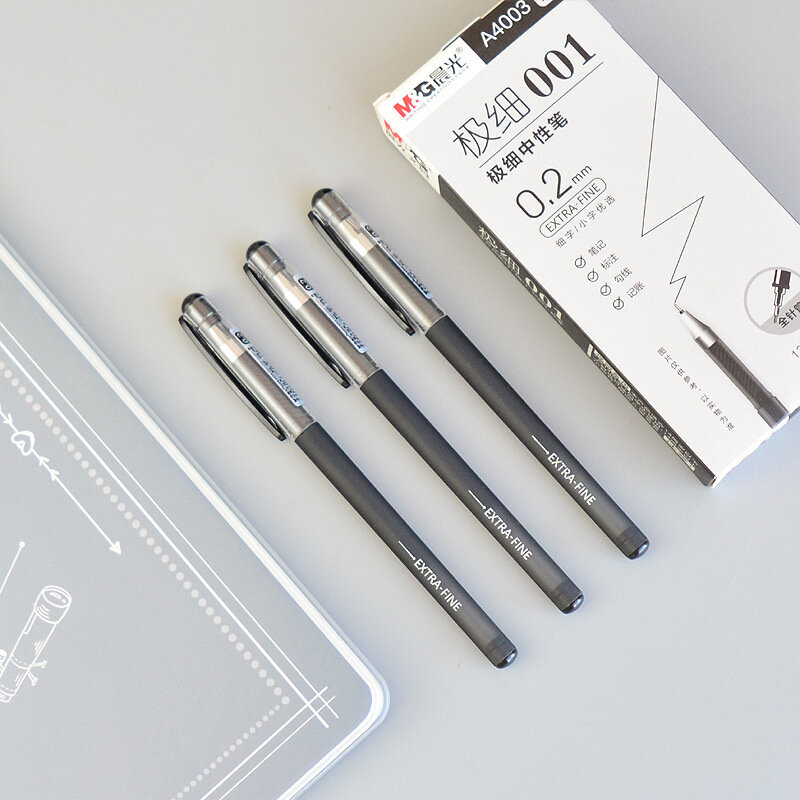 Canetas de gel finas 4 tamanhos 0.2mm, canetas finas brancas e pretas, para escritório, material escolar 0.2, caneta de papelaria