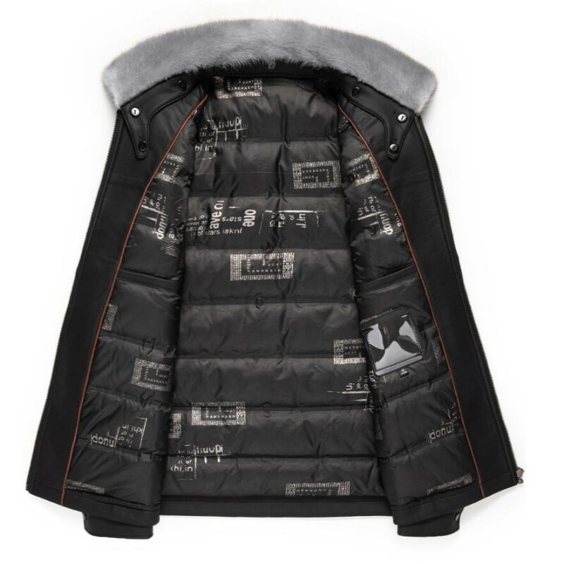 Winter High-quality Men's Removable Ferret Down Collar Down Jacket White Duck Down Leather Jacket Men Thick