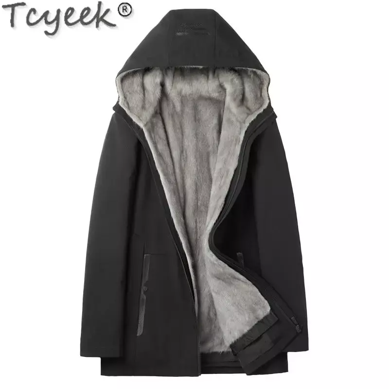 Высококачественная Мужская меховая парка Tcyeek, зимняя теплая подкладка из натурального меха норки, тонкое пальто средней длины из натурального меха, мужская повседневная одежда с капюшоном для мужчин