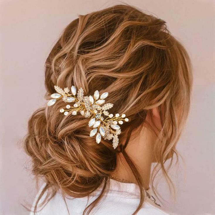 Gold Color Leaf Hair Combs Jewelry Rhinestone Pearl Hair Comb Tiaras Women Headpiece Wedding Bridal Hair Jewelry Accessories