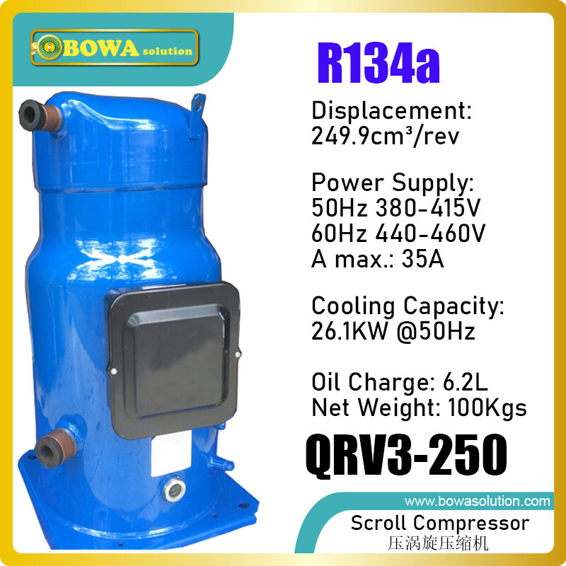 26kw, compressor da bomba de calor r134a é usado em círculos duplos do líquido refrigerante com evaporador comum para obter 50kw refrigerando ou 70kw aquecimento