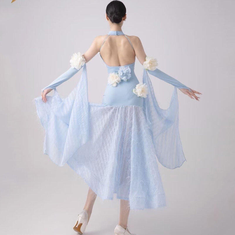 Vestido de baile moderno con cintas, vestido de práctica de vals estándar nacional, falda de espina de pescado azul, vestido de baile de salón DN17987