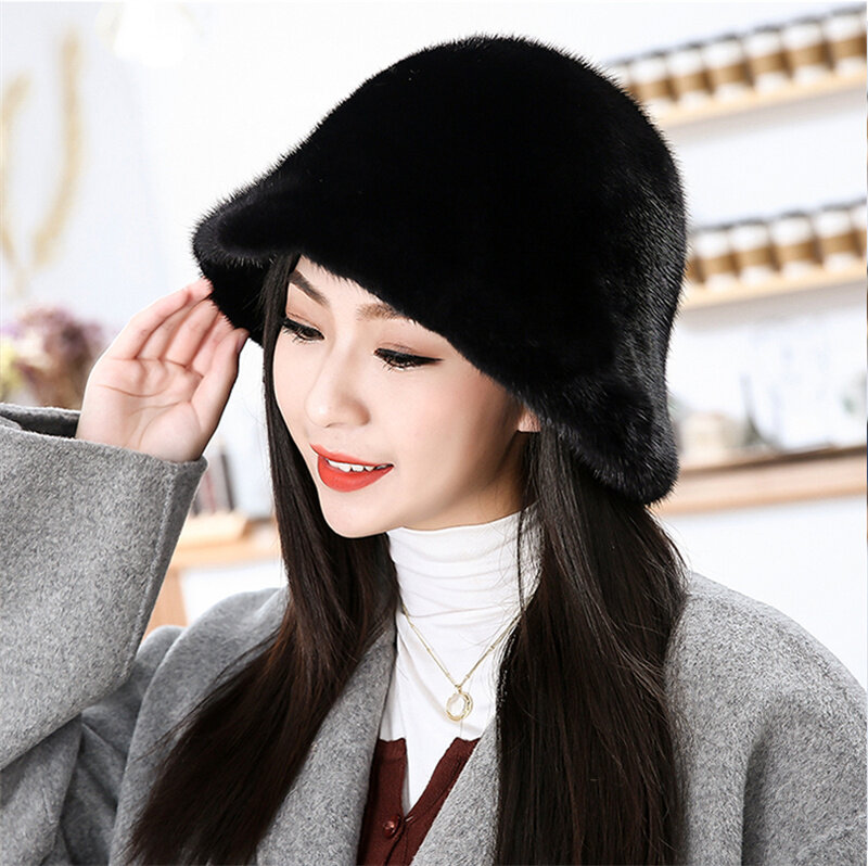 Sombrero de pescador de piel de visón para mujer, gorro cálido para otoño e invierno, novedad