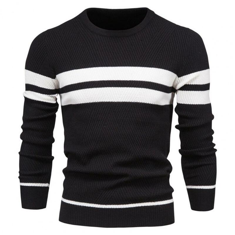 Men Dress Sweater Stylish Men's Striped Print Patchwork Sweater Warm Knit Pullover for Autumn/winter Fashion Striped Print