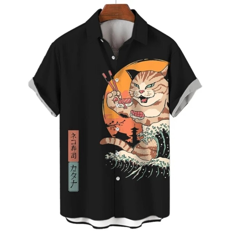 사무라이 고양이 프린트 스시 탑 남성용 셔츠, 일본 패션, 여름 남성 의류, 캐주얼 짧은 블라우스, 하와이 하라주쿠 빈티지