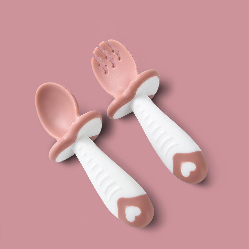 2 pz/set cucchiaio per bambini forchetta Set di posate per bambini in Silicone alimentazione stoviglie per bambini bambino impara cucchiaio Set cucchiaio corto facile