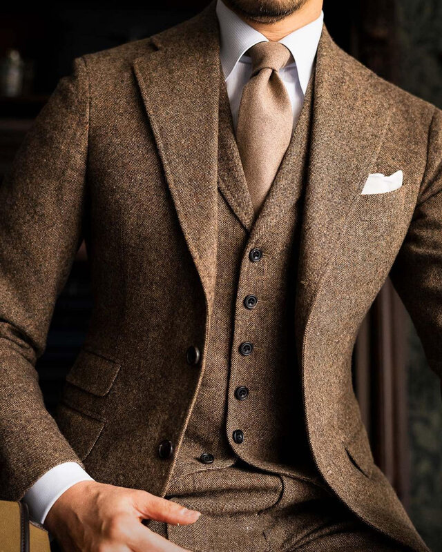 Trajes de lana marrón para hombre, chaqueta de negocios, chaleco, pantalones, solapa de un solo pecho, trabajo Formal, fiesta, novio, informal, a medida, 3 piezas