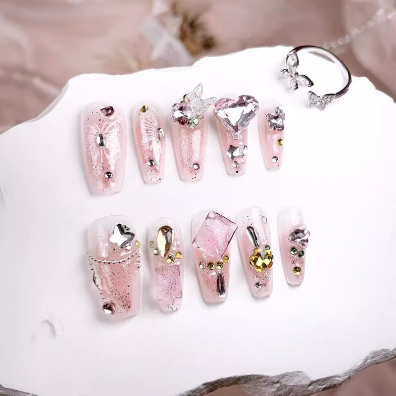 10 шт. розовые накладные ногти ручной работы полное покрытие цветочный дизайн французская балерина искусственные ногти