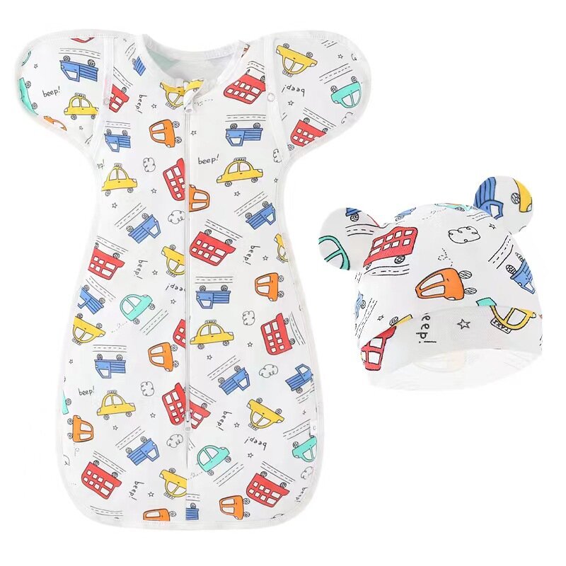 Setelan selimut tidur bayi baru lahir isi 0-6 bulan, kantong tidur katun Anti guncangan, Set topi Bonnet pembungkus bayi motif kartun, selimut bayi
