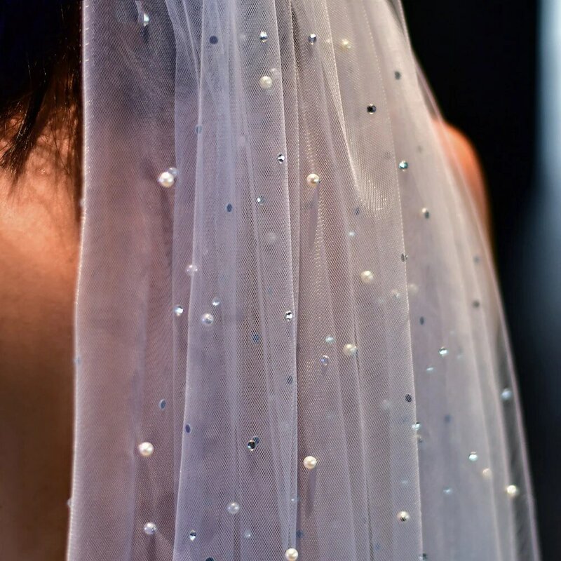 BL4021 velo de boda de una sola capa, hilo suave, perla, diamantes de imitación
