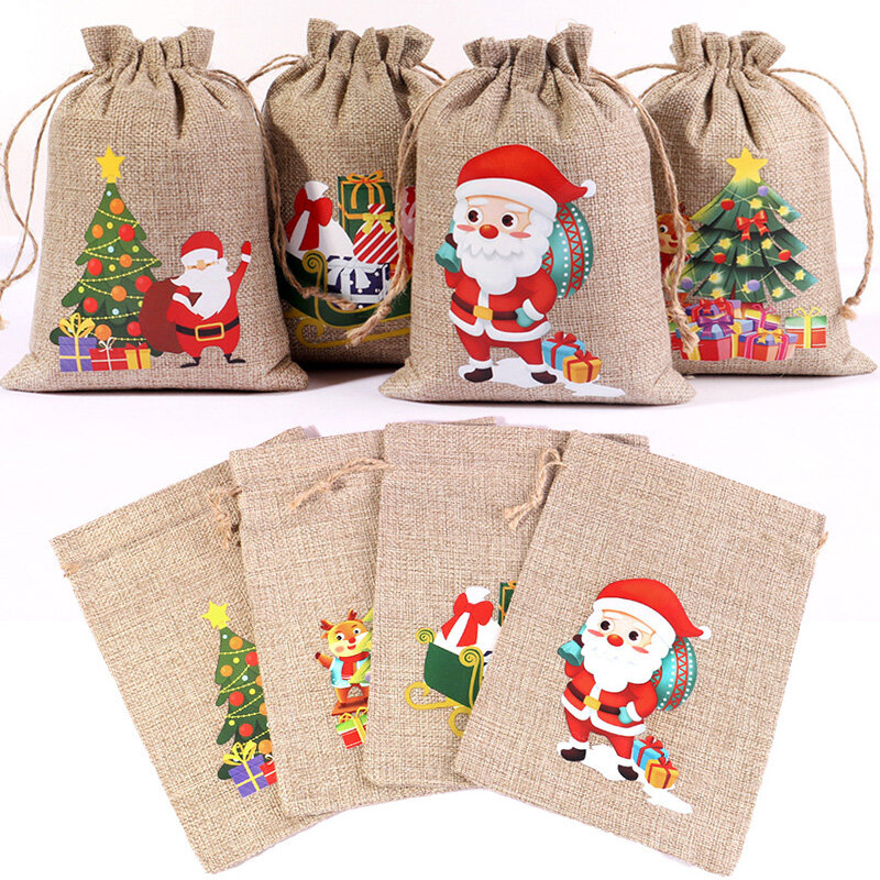 Новый Рождественский Подарочный мешок на шнурке, милый Дед Мороз, снежинка, лось, хлопковые льняные сумки для хранения, новый год