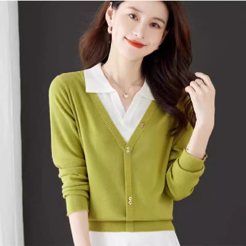 2024 nuova primavera autunno donna maglione coreano sciolto manica lunga Pullover signore Ladies shaper falso due pezzi knitted top Feminina Jumper