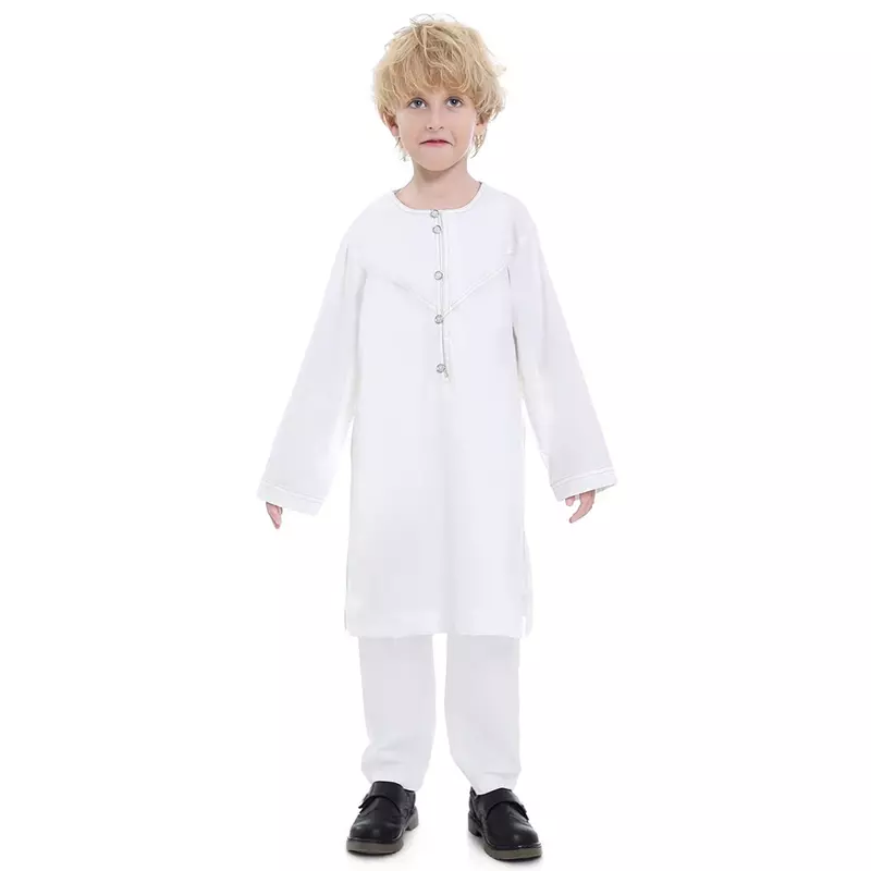 Thobe For Boys Saudi Arabia Full Sleeve 2 Piece Set Jubba Thobe Caftan Islam Solid Color Muslim Clothing Abaya Middle East Robe
