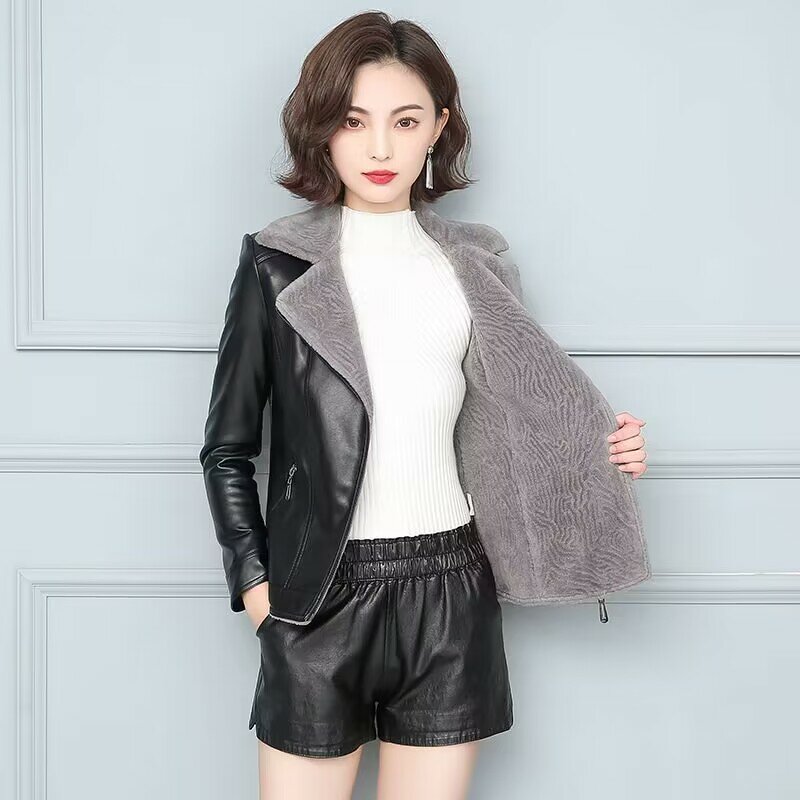 Casaco de couro curto em lã feminino, estilo coreano, slim fit, jaqueta de couro quente, monocromática, outwear casual, moda inverno, novo, 2023