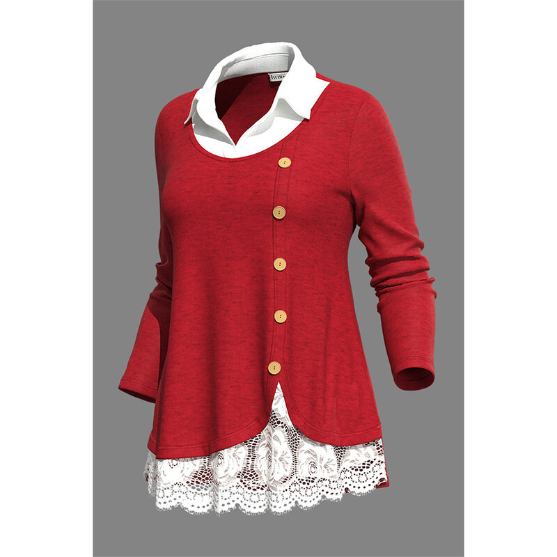 Blus kerah baju, ukuran besar kasual renda merah jahitan Single Breasted kemeja