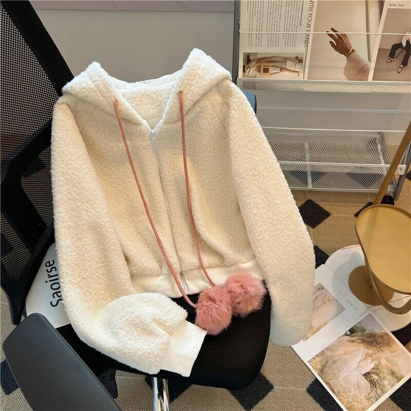 Short Hoodie Coats Women Lamb Wool Thick Loose Solid Color Long Sleeve Japanese Style Rabbit Ears Kawaii Daily Jackets Female