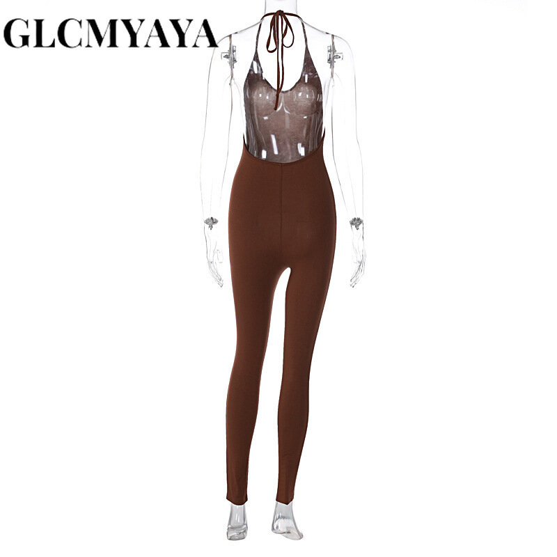 Glcmyaya-女性のためのノースリーブのオープンネックジャンプスーツ,レース付きのスリムフィットの衣服,裸の背中とストラップ,無地,2023