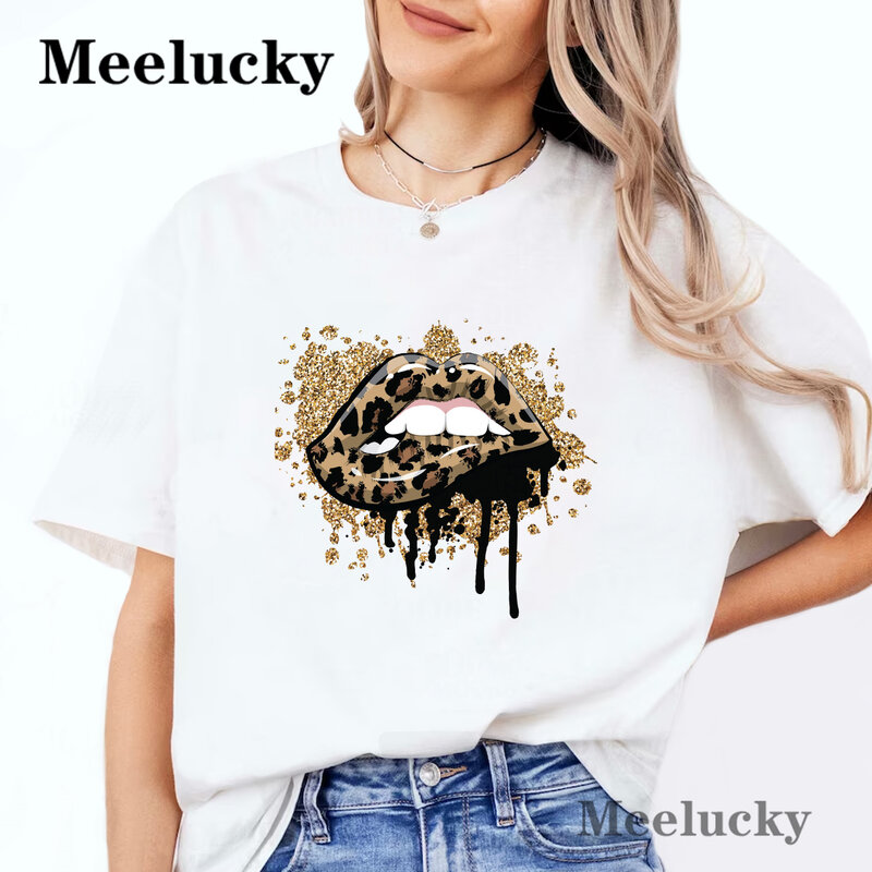 Leopard Dripping Lips Women T Shirts Cotton Graphic Tee Big Size Ladies Clothing Tops