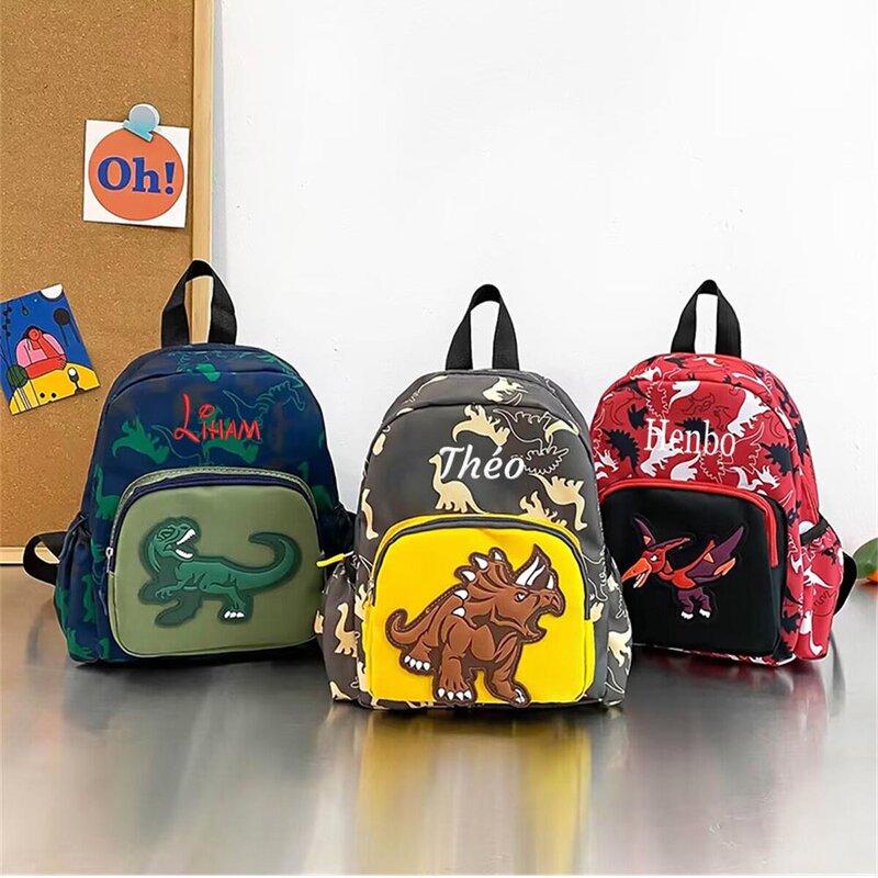 Tas punggung dinosaurus anak-anak, ransel kartun lucu bordir keluar tas sekolah kecil anak laki-laki TK nama kustom