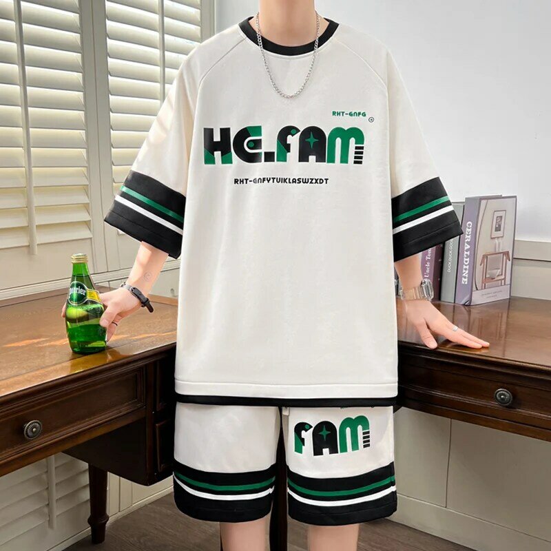 Summer Men's Clothing Sets Mens Casual Tracksuit Men Print Short Sleeve Sets Mens T-shirt+shorts Two Pieces Sportswear