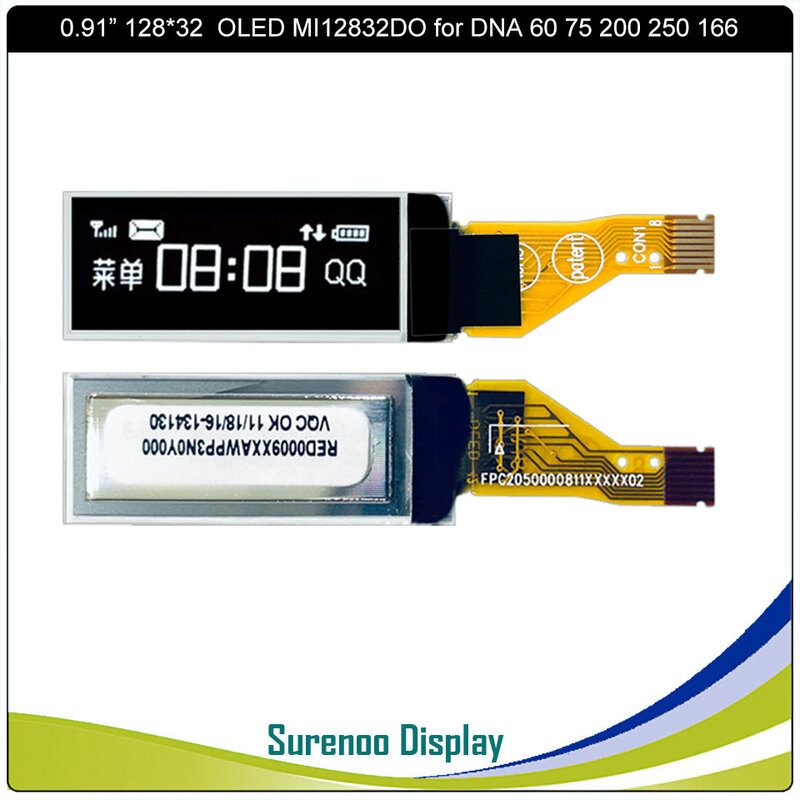 Painel do módulo de exibição OLED para DNA75, 0,91 ", 12832, 128x32, 8Pin, 8P, SSD1306, IIC, I2C, Plug-In, MI12832DO, PMOLED, 60, 75, 200, 250, 166