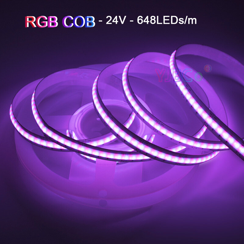DC 24V 5M RGB COB LED Strip 648LED/m FCOB suasana warna-warni cahaya Bar kecerahan tinggi lampu fleksibel pita 10mm putih FPCB