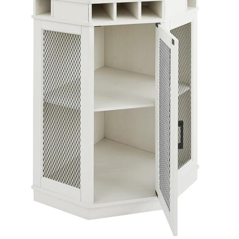 White Triangular Corner Bar Unit with Built-in Wine Rack and Glassware Storage 73" Home Furniture Liquor and Beverage Organizer