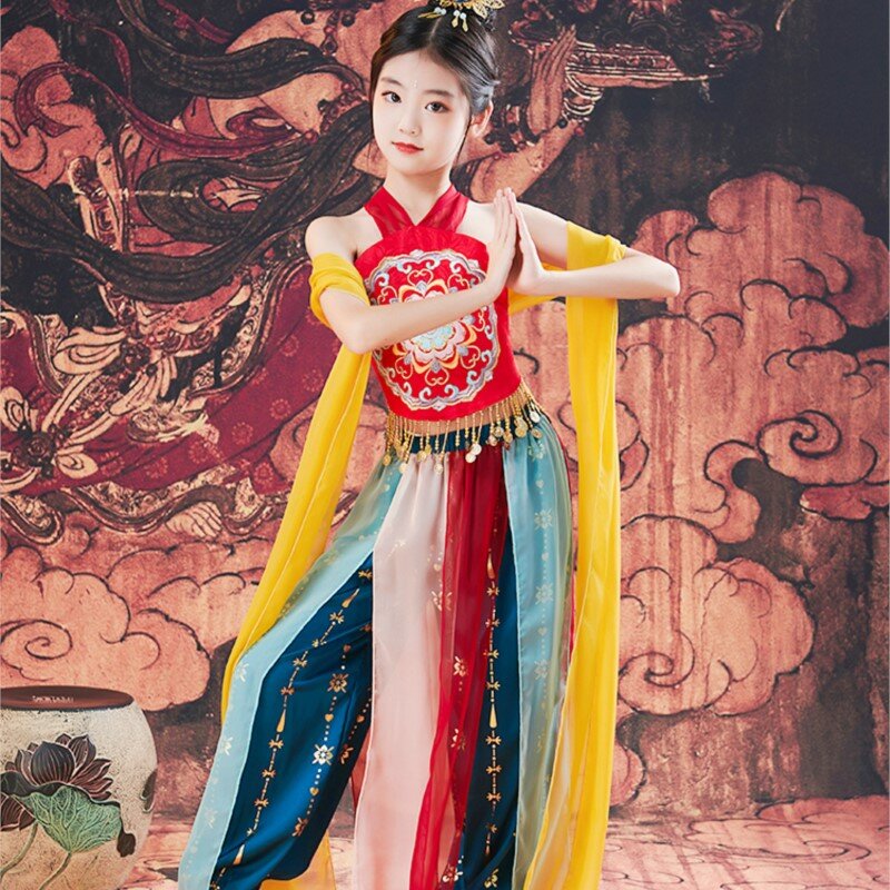 Fato de dança dunhuang infantil, rima antiga, estilo étnico clássico, desempenho exótico, feminino e infantil mais velho