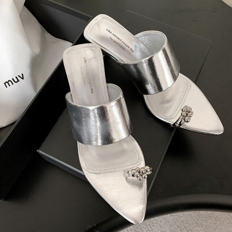 2024 New Metal Clip Toe Slippers 3cm/6cm Square Heel Gold/Silver Fashion Outdoor Dress High Heel Slippers Pointed Sandals 34-40
