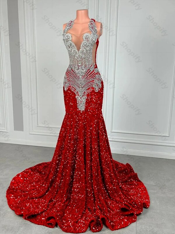 Vestidos de baile vermelho brilhante sereia lantejoulas, cristal prateado, frisado, pescoço puro, vestidos longos para meninas negras, luxo, 2024