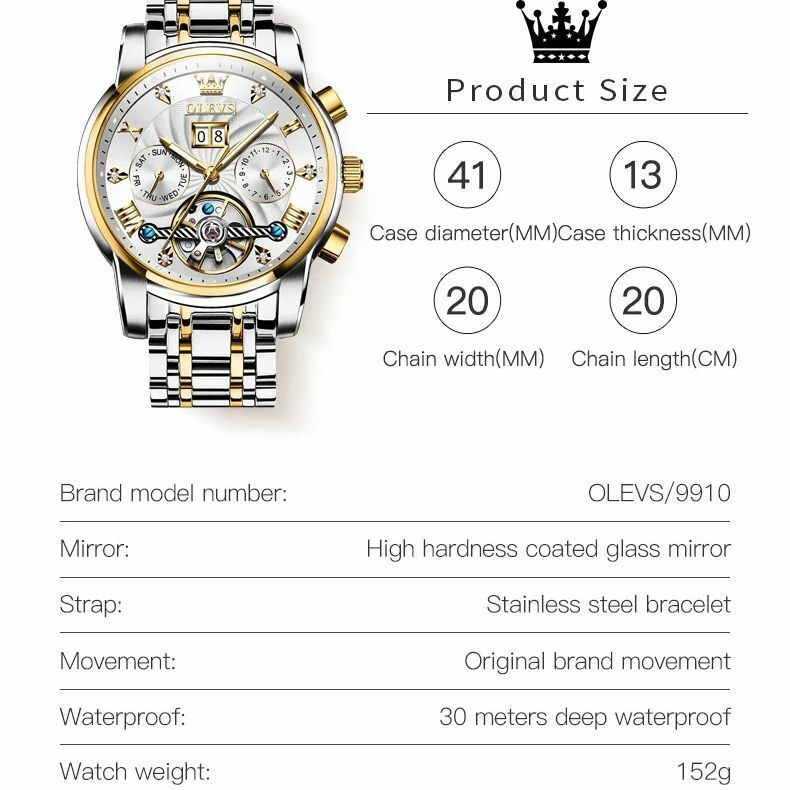 OLEVS 9910 Tourbillon Men's Watches Dual Calendar Waterproof Stainless steel Luminous Luxury Automatic Mechanical Watch for Men