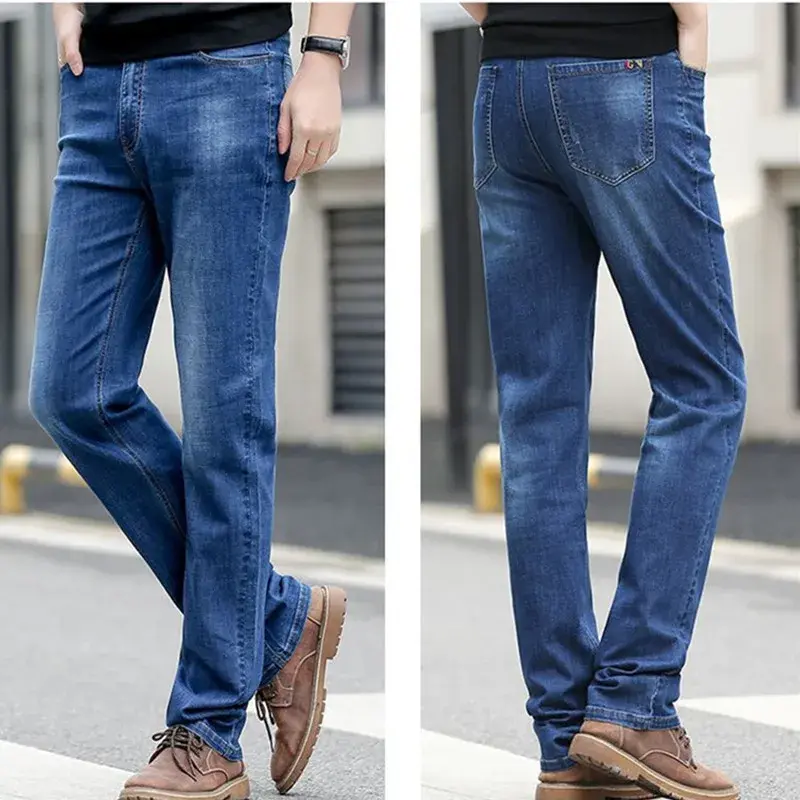 Jeans Musim Panas Ekstra Panjang Pria Tinggi 117CM Celana Denim Biru Pinggang Tinggi Pas Badan Ukuran Plus 40 42 44 Super Besar